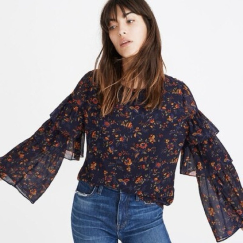 Madewell sz S Navy Blue Climbing Vine Floral Print Tiered Ruffle Sleeve Blouse